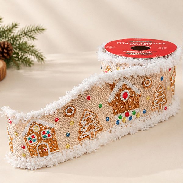 Fita Aramada Decorada de Natal - Vila GingerBread - 6,3cm x 2,74m  - 1 unidade - Rizzo