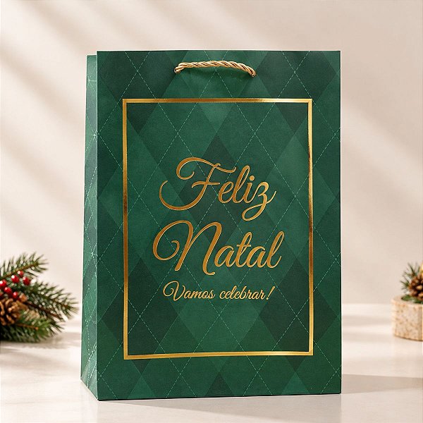 Sacola de Papel de Natal - Feliz Natal Vamos Celebrar - Verde - 27cm  - 1 unidade - Rizzo