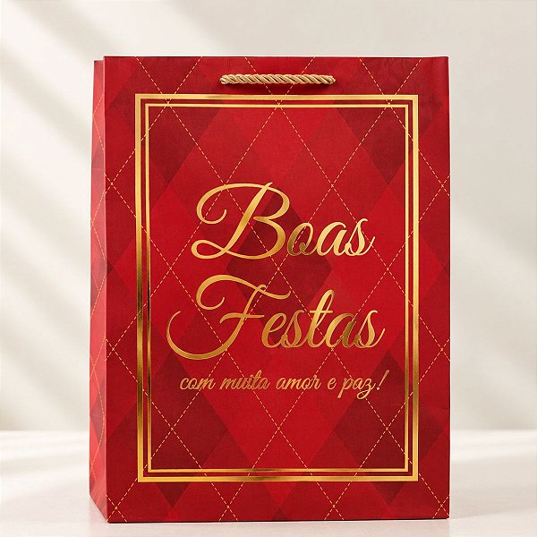 Sacola de Papel de Natal - Boas Festas - Amor e Paz - Vermelha - 27cm  - 1 unidade - Rizzo