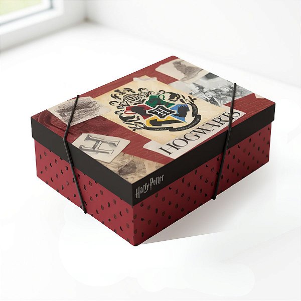 Caixa Retangular com Tampa e Elástico - Casas Hogwarts - G 46x33x14  - 1 unidade - Cromus - Rizzo
