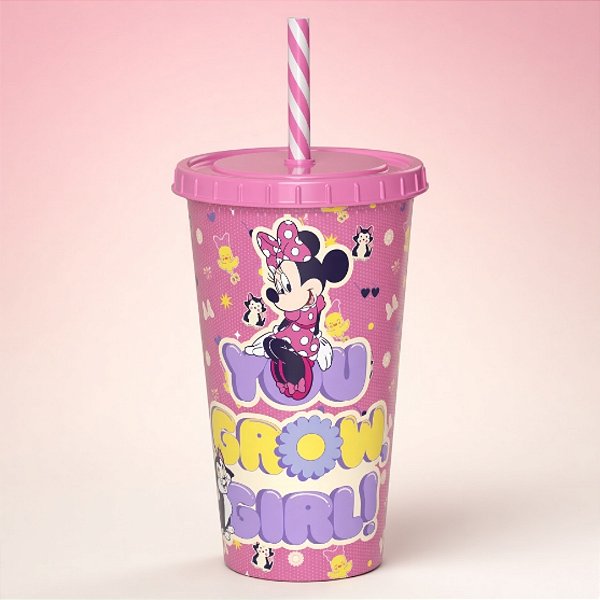 Copo de Plástico com Tampa e Canudo - Minnie Mouse - Rosa - 500ml - 1 unidade - Disney Original - Rizzo