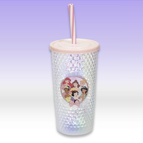 Copo de Plástico com Tampa, Canudo e LED - Princesas Disney - Rosa Claro - 490ml - 1 unidade - Disney Original - Rizzo