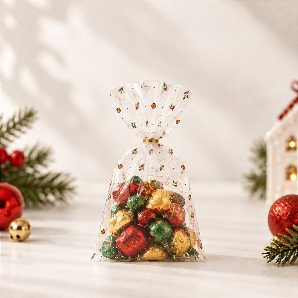 Saco Transprente Decorado de Natal - Natal Afetivo Verde - 11x19,5cm - 50 unidades - Cromus - Rizzo
