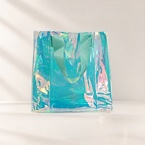 Sacola Transparente PVC com Alça Verde Água - Nacarado - 25x23x10cm - 1 unidade - Rizzo