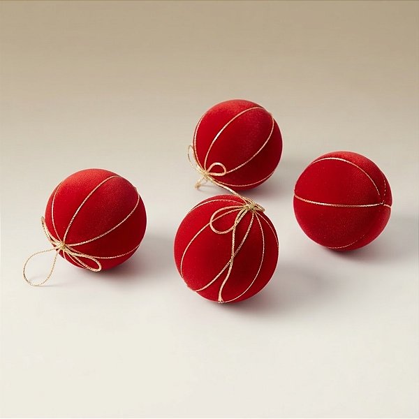 Bola de Natal - Veludo Vermelho e Laço Ouro - 10x10x10cm - 4 unidades - Cromus - Rizzo