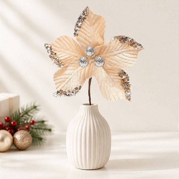 Poinsétia Decorativa - Chá com Glitter - 19cm - 1 unidade - Cromus - Rizzo