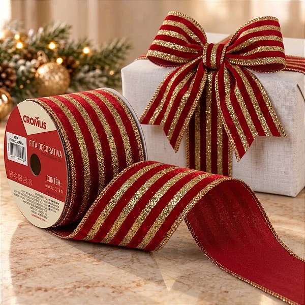 Fita Aramada Decorativa de Natal - Vermelho com Listras Douradas - 6,3cm x 9,14m - 1 unidade - Cromus - Rizzo
