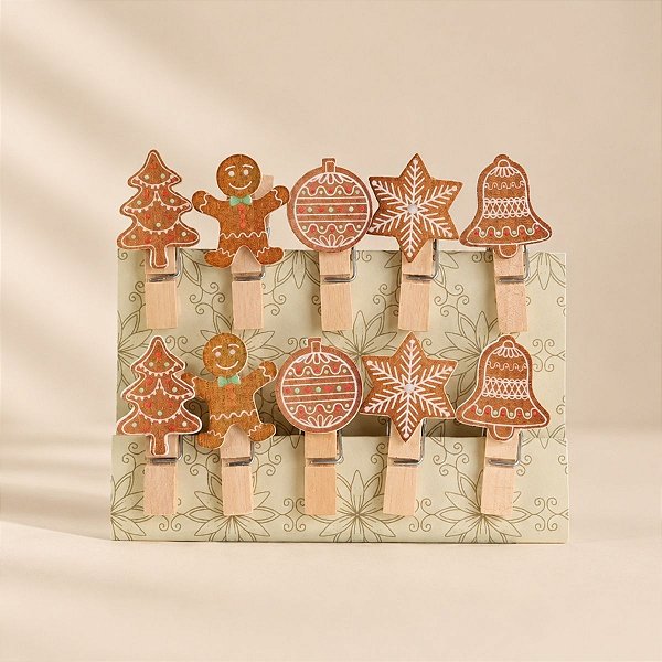 Mini Prendedor de Natal - Elementos Natalinos em Madeira - 3,5x1cm - 10 unidades - Rizzo