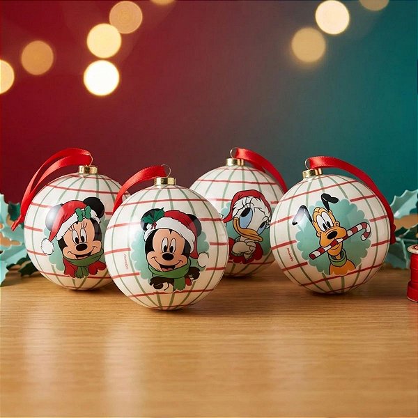 Bola de Natal - Mickey Mouse - Xadrez Branco - 8cm - Disney Original - 4 unidades - Cromus - Rizzo
