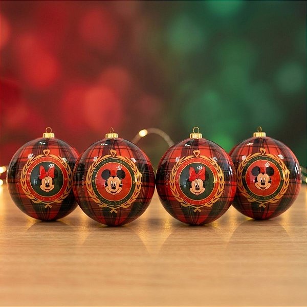 Bola de Natal - Mickey Mouse - Xadrez Vermelho - 8cm - Disney Original - 4 unidades - Cromus - Rizzo