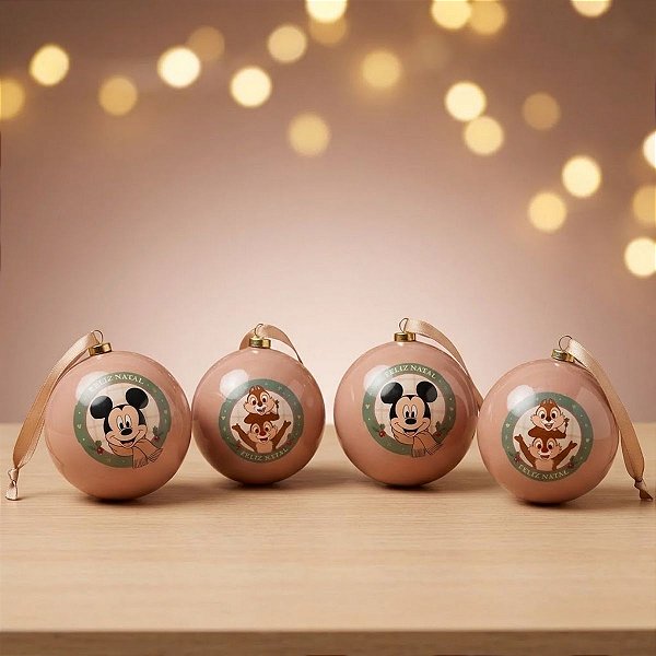 Bola de Natal - Mickey Mouse - Marrom - 8cm - Disney Original - 4 unidades - Cromus - Rizzo