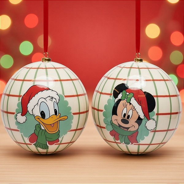 Bola de Natal - Mickey Mouse - Xadrez Branco - 12cm - Disney Original - 2 unidades - Cromus - Rizzo