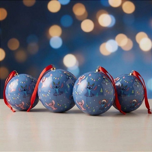 Bola de Natal - Stitch - Azul - 8cm - Disney Original - 4 unidades - Cromus - Rizzo