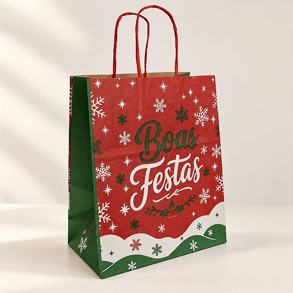 Sacola de Papel Kraft de Natal - Boas Festas - 20x15x25cm - Ref.3623 - 10 unidades - Rizzo
