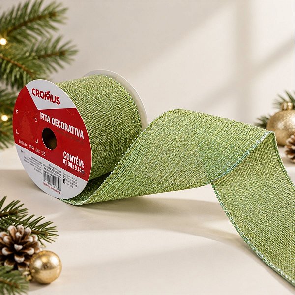 Fita Aramada Decorativa de Natal - Verde com Fios de Glitter - 6,3cmx9,14m - 1 unidade - Cromus - Rizzo
