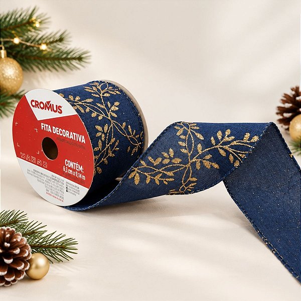 Fita Aramada Decorativa de Natal -  Ramos - Azul e Ouro com Glitter - 6,3cmx9,14m - 1 unidade - Cromus - Rizzo