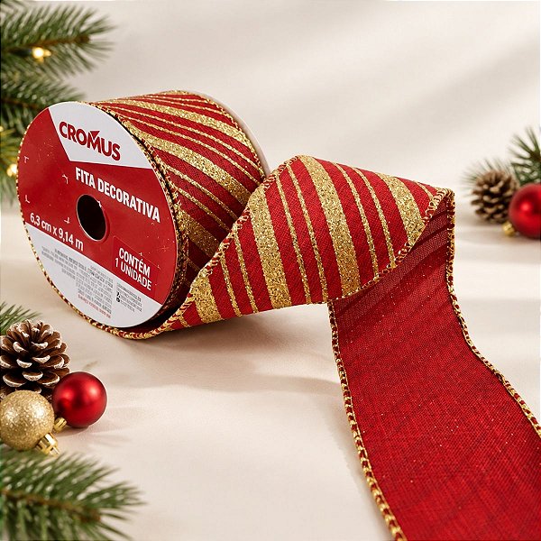 Fita Aramada Decorativa de Natal - Vermelho e Ouro com Listras e Glitter - 6,3x9,14cm - 1 unidade - Cromus - Rizzo