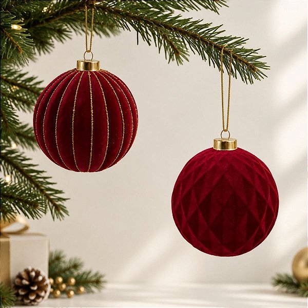 Bola de Natal - Losango Flocada - Bordô e Ouro - 12cm  - 2 unidades - Cromus - Rizzo