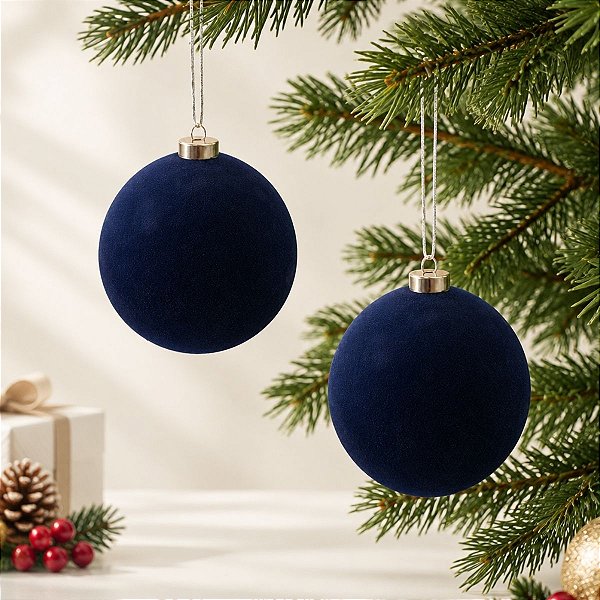 Bola de Natal - Flocada - Azul Marinho - 12cm - 2 unidades - Cromus - Rizzo