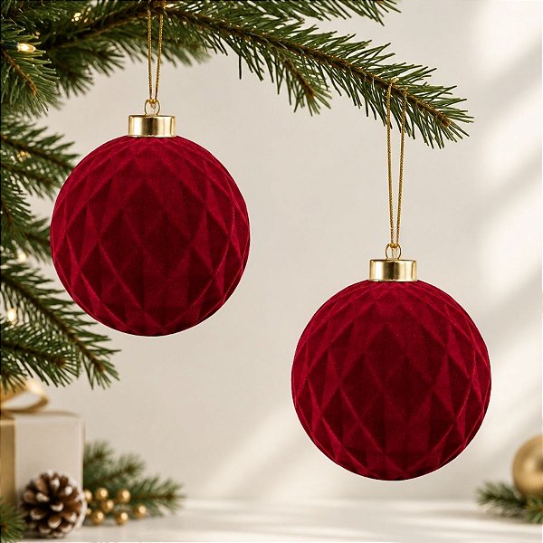 Bola de Natal - Ondulada e Flocada - Bordô - 12cm - 2 unidades - Cromus - Rizzo