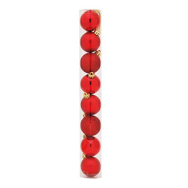 Bolas em Tubo Vermelho 7cm - 08 unidades - Cromus Natal - Rizzo Embalagens