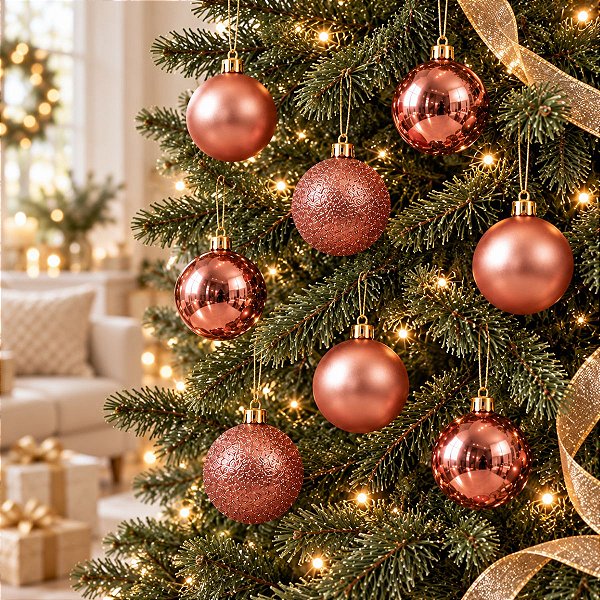 Bolas em Tubo Rose Gold 5cm - 08 unidades - Cromus Natal - Rizzo Embalagens