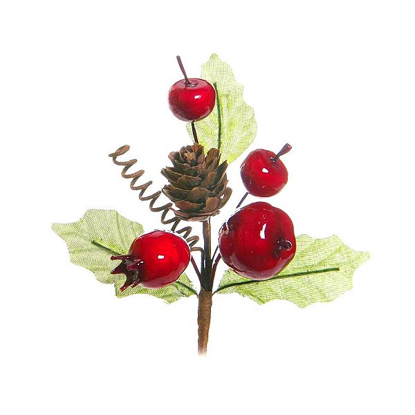 Pick com Galhos Folhas Frutas e Pinha 10cm - 01 unidade - Cromus Natal - Rizzo Embalagens