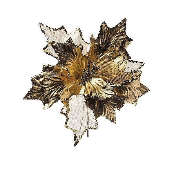Galho Cabo Curto Poinsettia Ouro com Borda Glitter 25cm - 01 unidade - Cromus Natal - Rizzo Embalagens