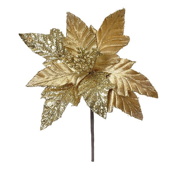 Flor Cabo Curto Poinsettia Ouro e Glitter 30cm - 01 unidade - Cromus Natal - Rizzo Embalagens