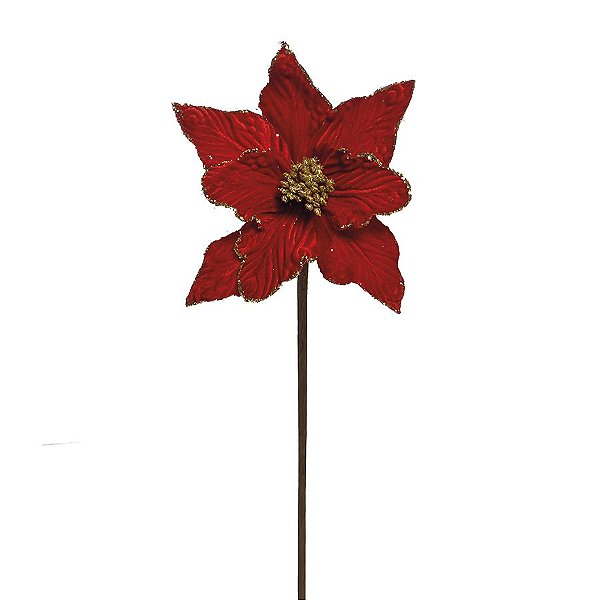 Flor Cabo Curto Vermelho com Glitter Ouro 20cm - 01 unidade - Cromus Natal - Rizzo Embalagens