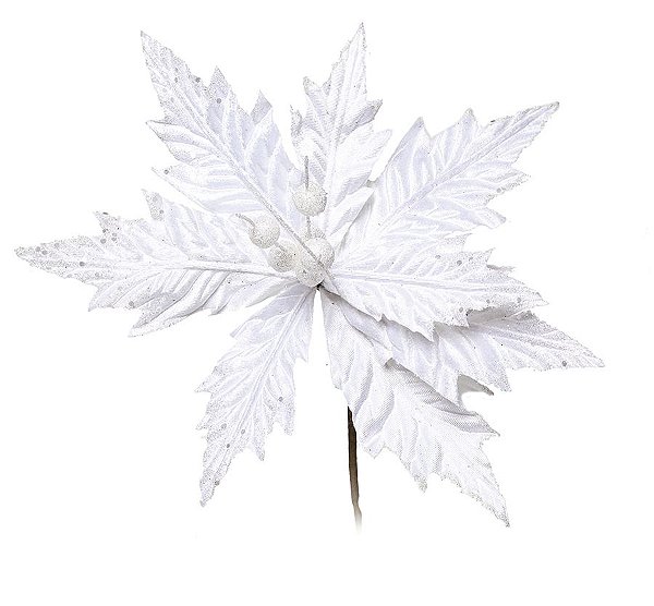 Flor Cabo Curto Poinsettia Branco Glitter 30cm - 01 unidade - Cromus Natal - Rizzo Embalagens