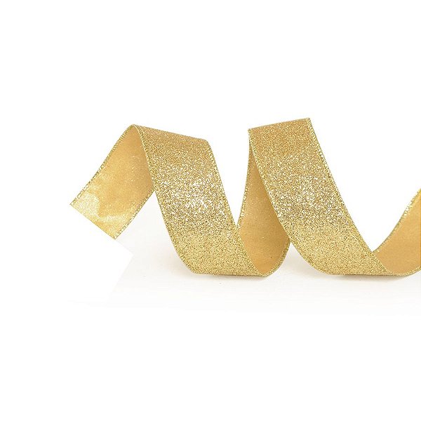 Fita Tecido Glitter Ouro 3,8cm - 01 unidade 10m- Cromus Natal - Rizzo Embalagens