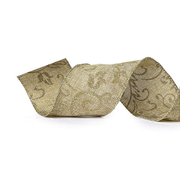 Fita Tecido Nude com Arabescos Dourados 6,3cm - 01 unidade 10m- Cromus Natal - Rizzo Embalagens