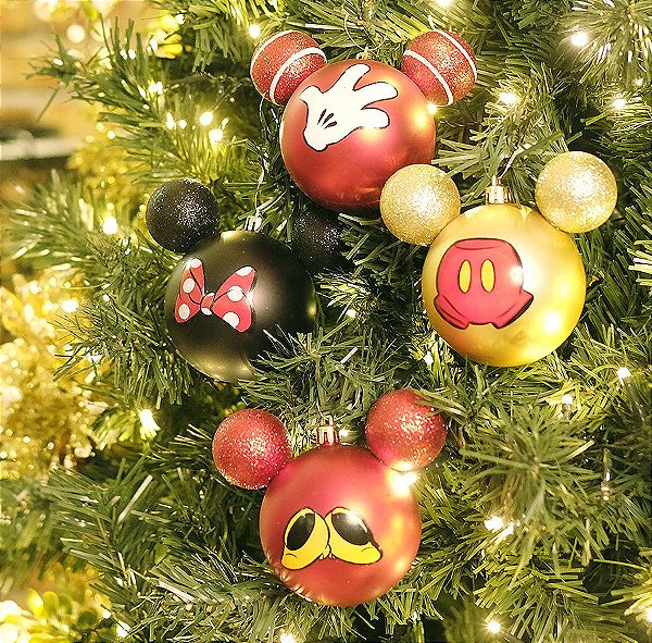 Kit Bolas Acessórios Mickey e Minnie Vermelho Preto e Ouro  6cm - 06 unidades Natal Disney - Cromus - Rizzo Embalagens