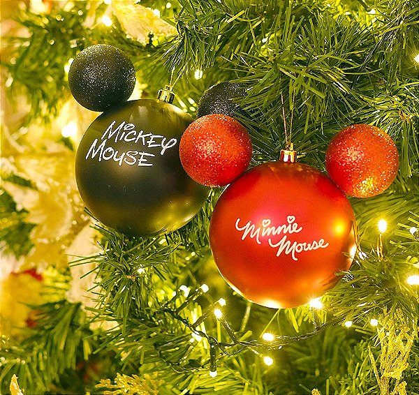 Kit Bolas Mickey e Minnie Mouse Preto e Vermelho 8cm - 04 unidades Natal Disney - Cromus Natal - Rizzo Embalagens