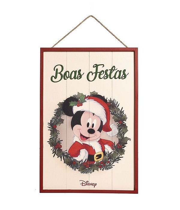Quadro de Madeira Mickey Boas Festas 40cm - 01 unidade Natal Disney - Cromus - Rizzo Embalagens