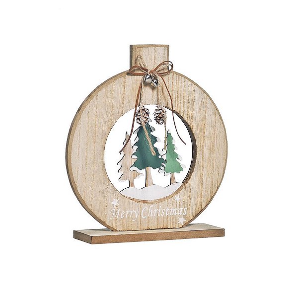 Enfeite de Madeira Bola com 3 Pinheiros 25cm - 01 unidade - Cromus Natal - Rizzo Embalagens