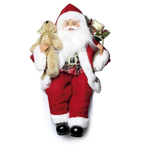 Papai Noel Vermelho Sentado Segurando Urso 30cm - 01 unidade - Cromus Natal - Rizzo Embalagens