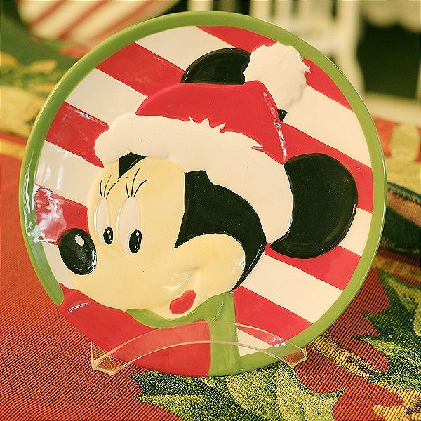 Prato de Cerâmica Minnie Listras 20cm - 01 unidade - Natal Disney - Cromus - Rizzo Embalagens