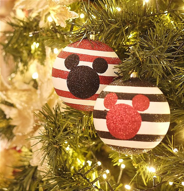 Kit Bola Mickey Silhueta Listras Vermelho e Preto 10cm - 02 unidades - Natal Disney - Cromus - Rizzo Embalagens