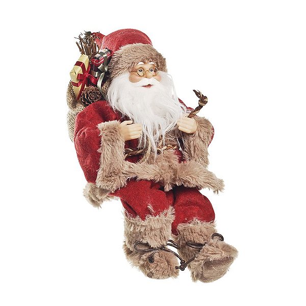 Noel Sentado com Casaco Vermelho e Bege 25cm - 01 unidade - Cromus Natal - Rizzo Embalagens