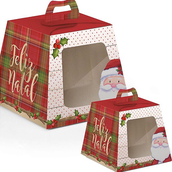 Caixa Panetone com visor Noel - 10 unidades - Cromus Natal - Rizzo Embalagens e Festas