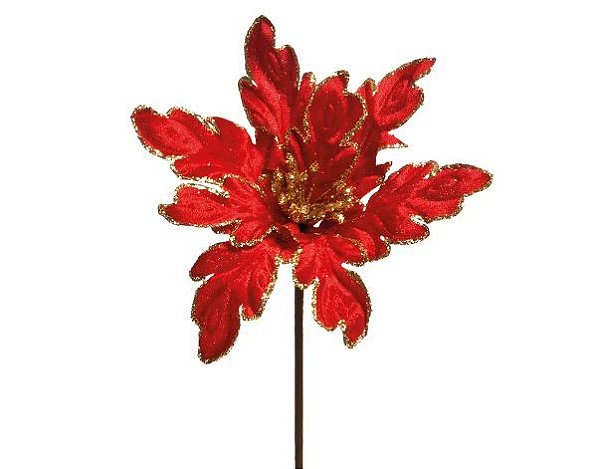 Flor Cabo Curto Vermelha com Ouro 25cm - 01 unidade - Cromus Natal - Rizzo Embalagens