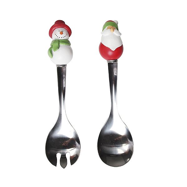 Kit Colher e Garfo para Salada Noel e Boneco de Neve 24cm - 02 unidade - Cromus Natal - Rizzo Embalagens