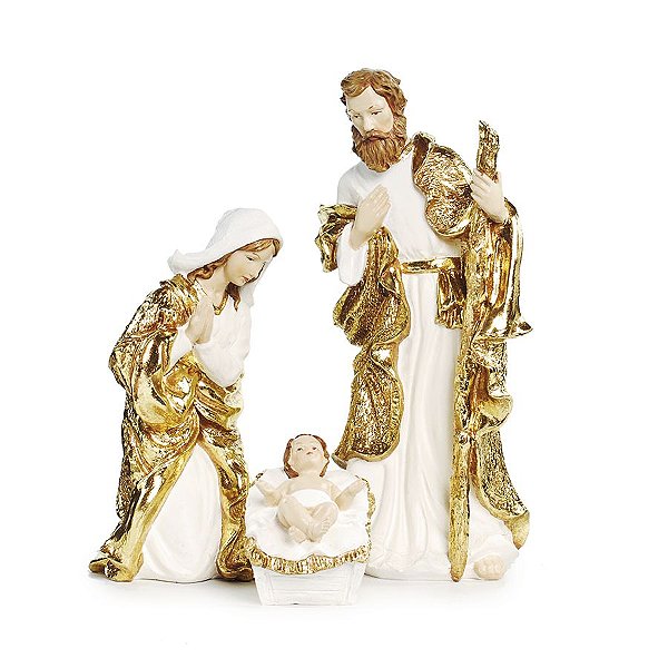 Sagrada Família de Resina Branco e Ouro 25cm - 01 unidade - Cromus Natal - Rizzo Embalagens