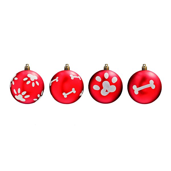 Bola Pet Mania Osso e Patinha Vermelho 6cm - 06 unidades - Cromus Natal - Rizzo Embalagens