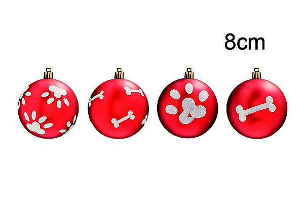 Bola Pet Mania Osso e Patinha Vermelho 8cm - 04 unidades - Cromus Natal - Rizzo Embalagens