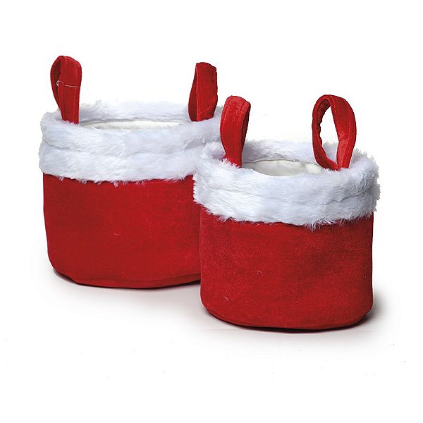 Jogo de Cestas Redondas Pelúcia Vermelha e Branca  - 02 unidades - Cromus Natal - Rizzo Embalagens