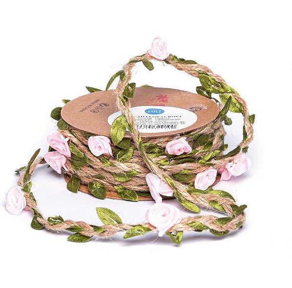 Cordão de Sisal com Folhas Verdes E Rosas - 03 metros - Luli - Rizzo Embalagens