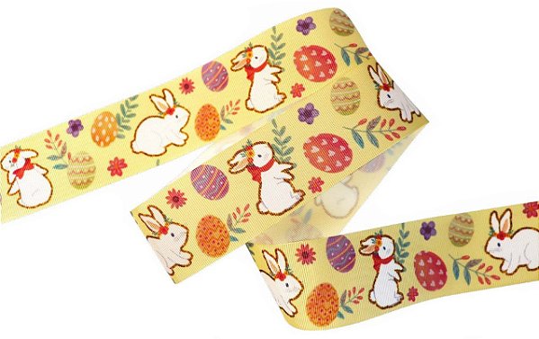 Fita de Páscoa em Gorgurão 38mmx10m Coelho e Flores EGP009TR 212 Progresso Rizzo Embalagens